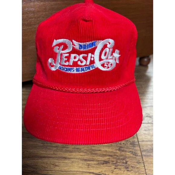 Vintage Pepsi Cola Corduroy Adjustable Trucker Hat Rare Red Rope Adult New - Picture 1 of 8
